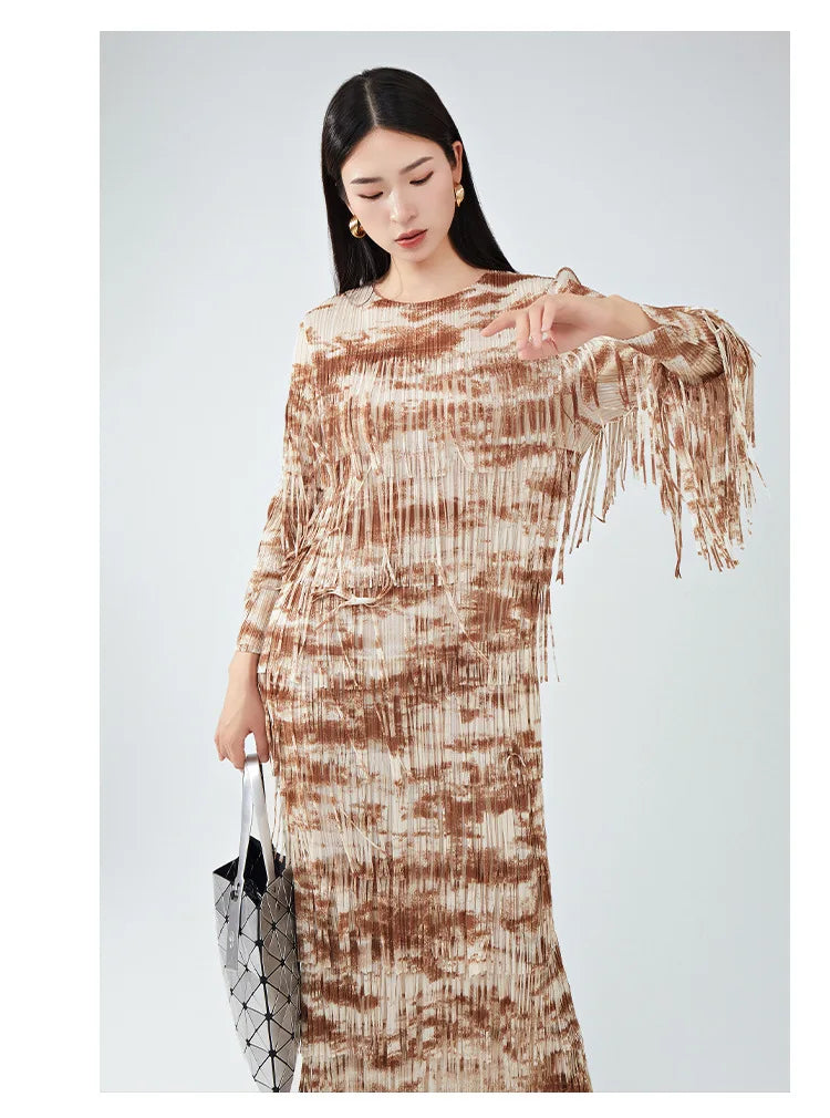 Truly Pleated Tasseled Sleeve Midi Dress