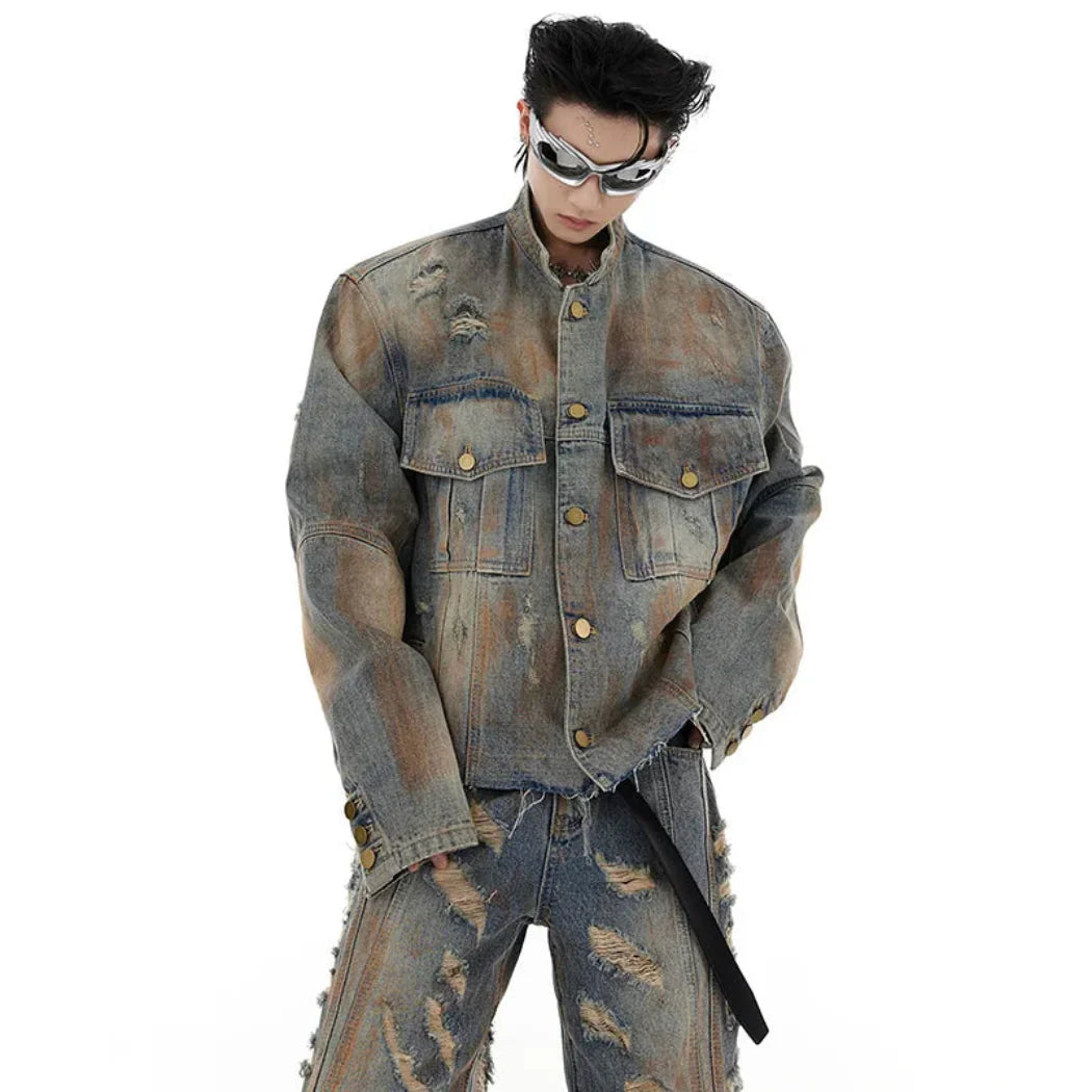 Men's Luxury Denim 2-Piece Set: Distressed Wide Leg