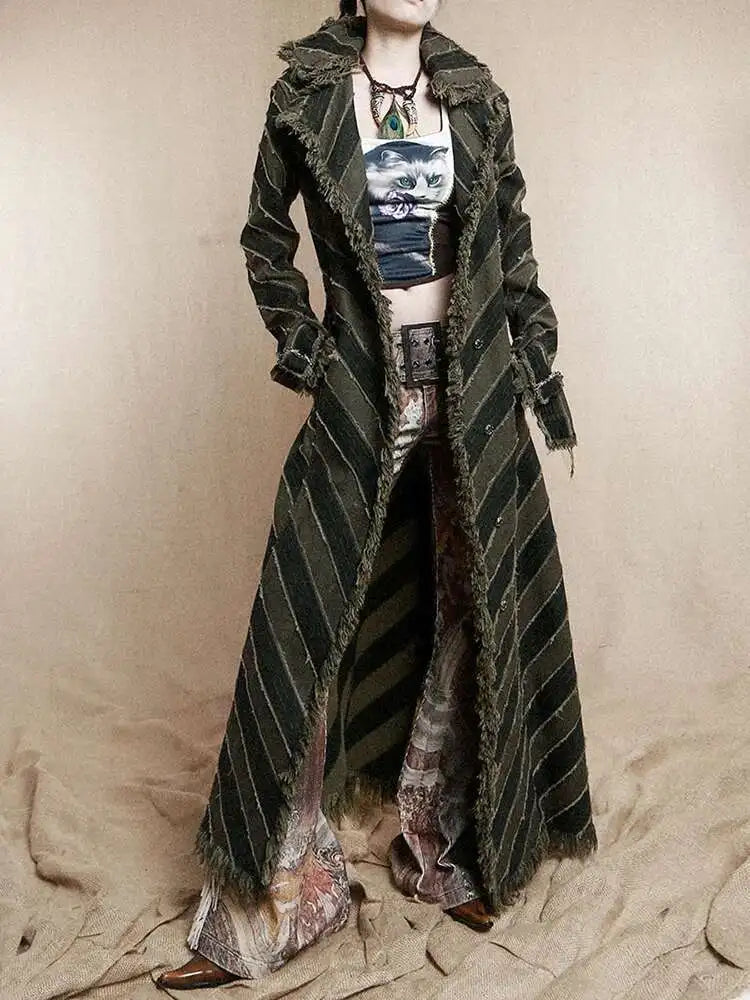 Striped Rustic Denim Trench Coat