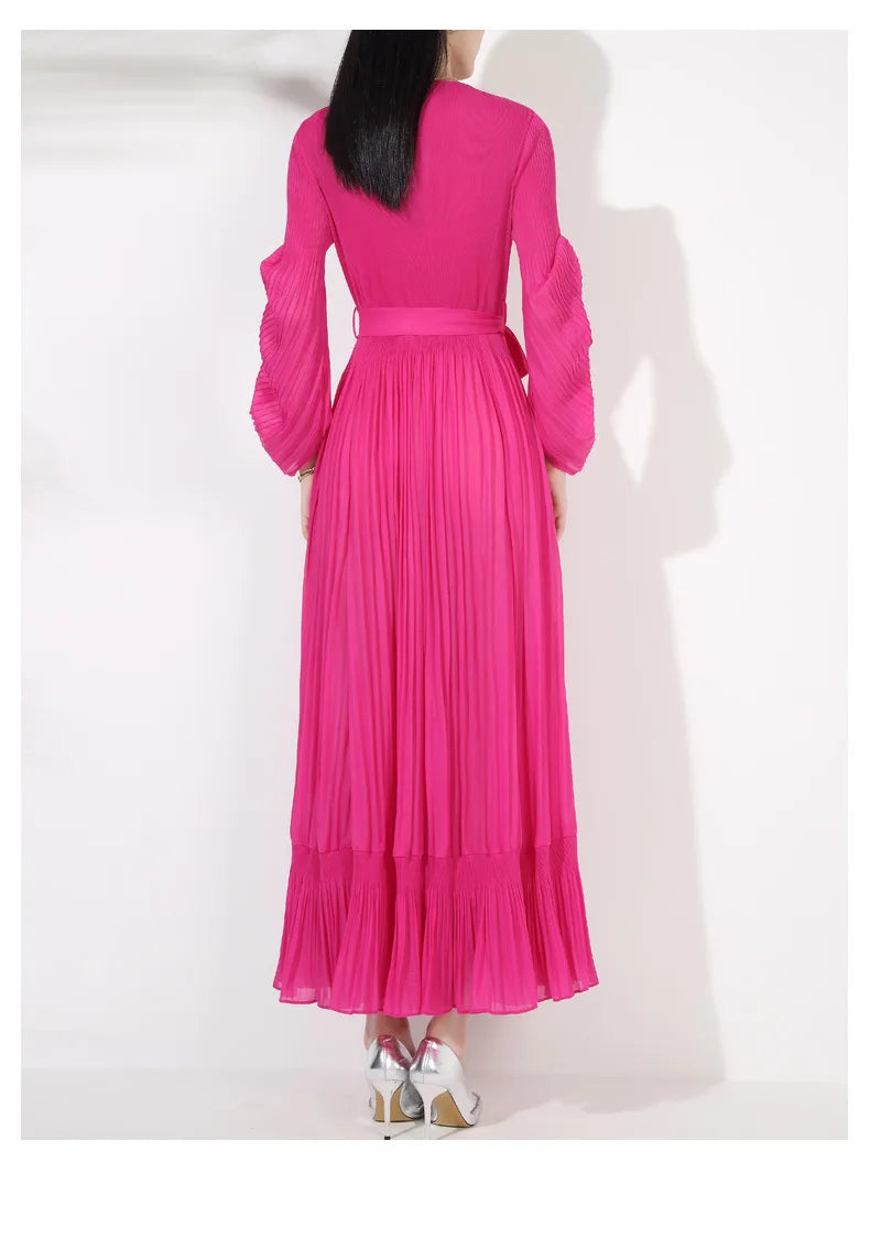 Pleated Plissé Ruffle Trim Maxi Dress