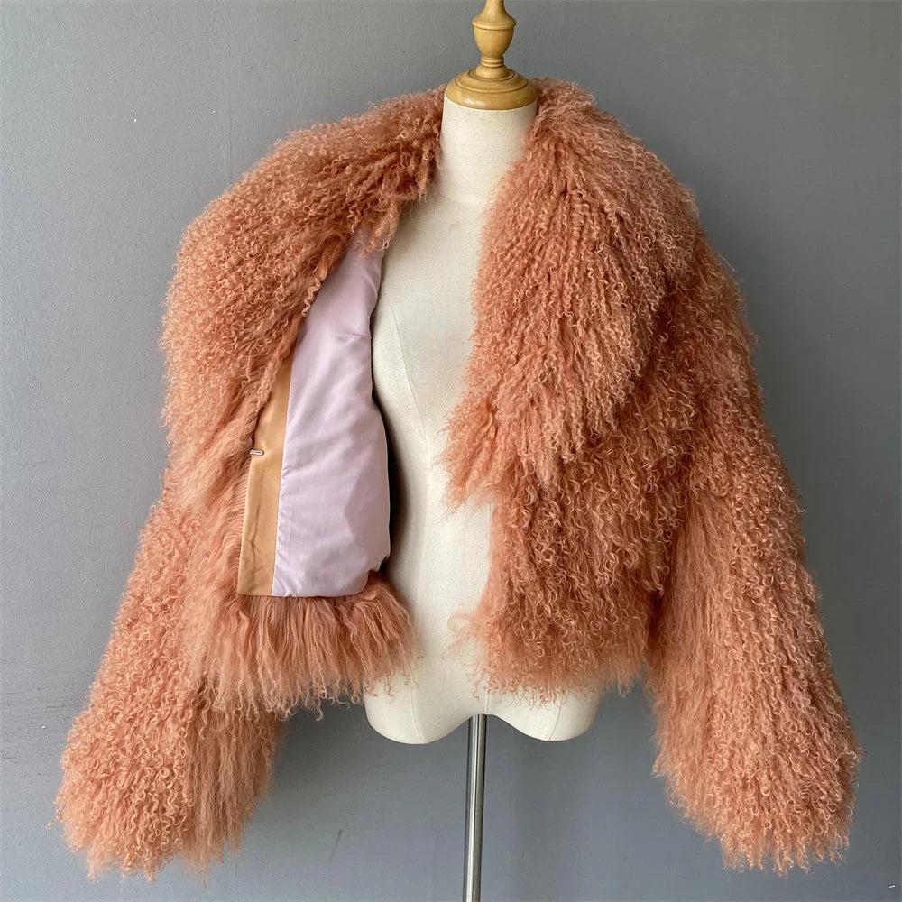 Tibetan Mongolian Lamb Fur Jacket with Collar