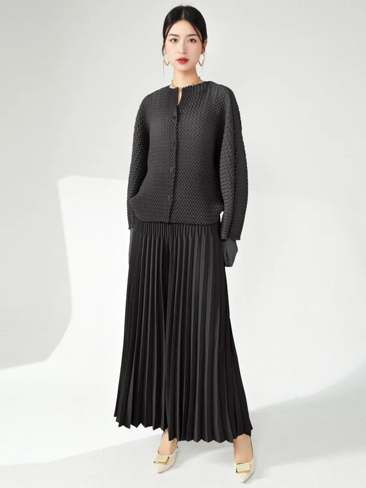 Genuine Pleated Wide Leg Pants & Cardigan Set