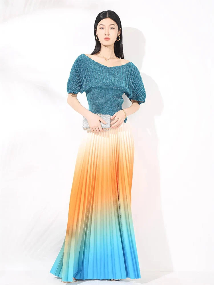 Metallic Pleated Top & Plisse Maxi Skirt Set