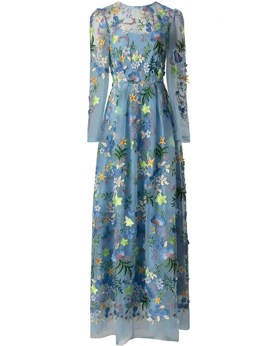 Blue Floral Embellished Long Sleeve Midi Dress