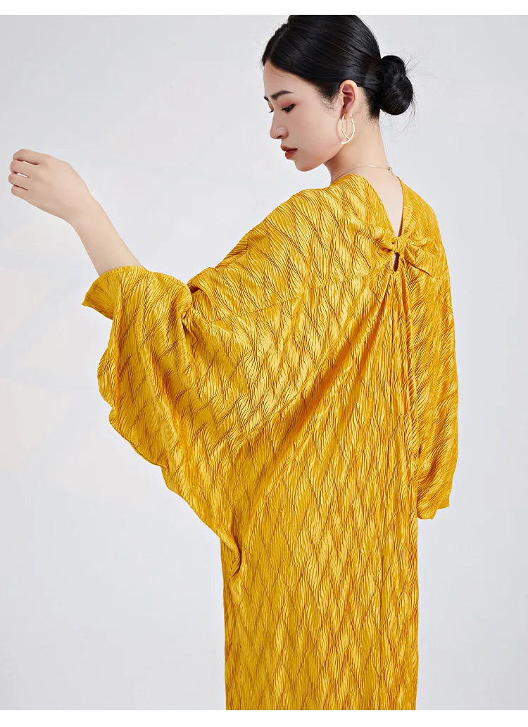 Genuine Pleated Batwing Sleeve Midi Dress