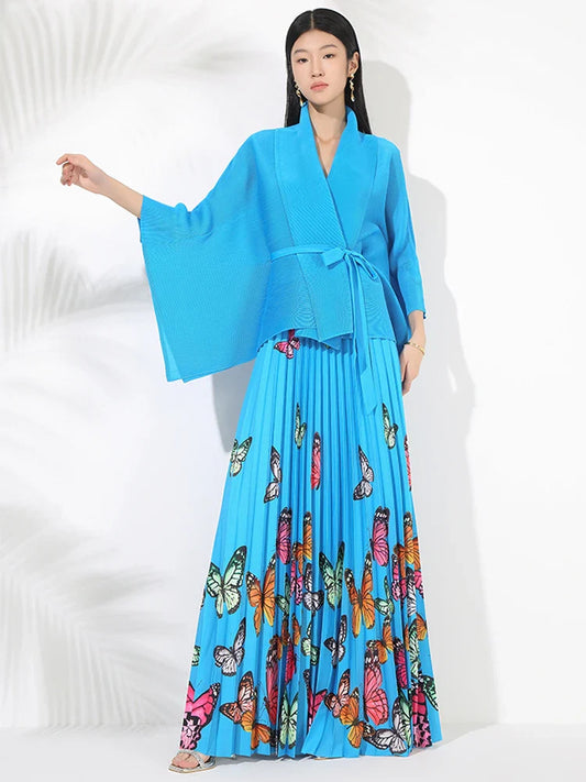 Women's Butterfly Pleated Modest Top & Flowy Skirt