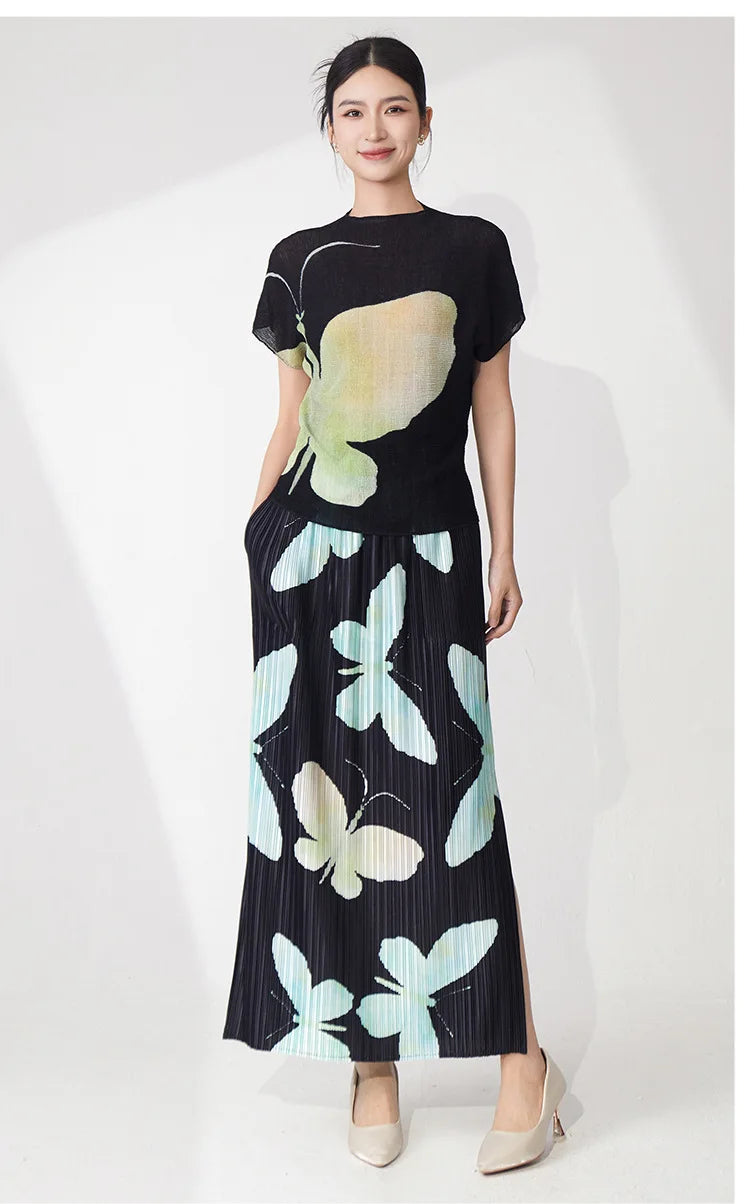 Butterfly Pleated Maxi Skirt & Top Set