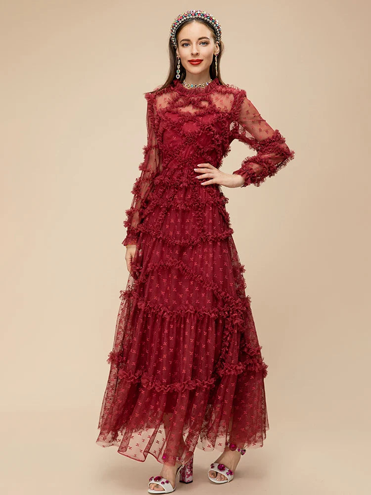 Wine Red Ruffle Mesh Midi Dress