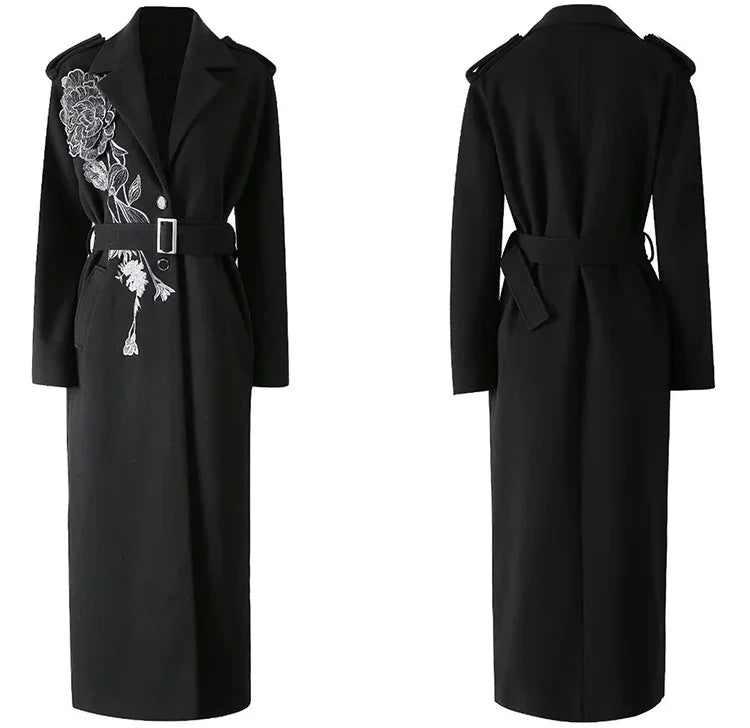 Women's Luxury Floral Embroidered Woolen Coat