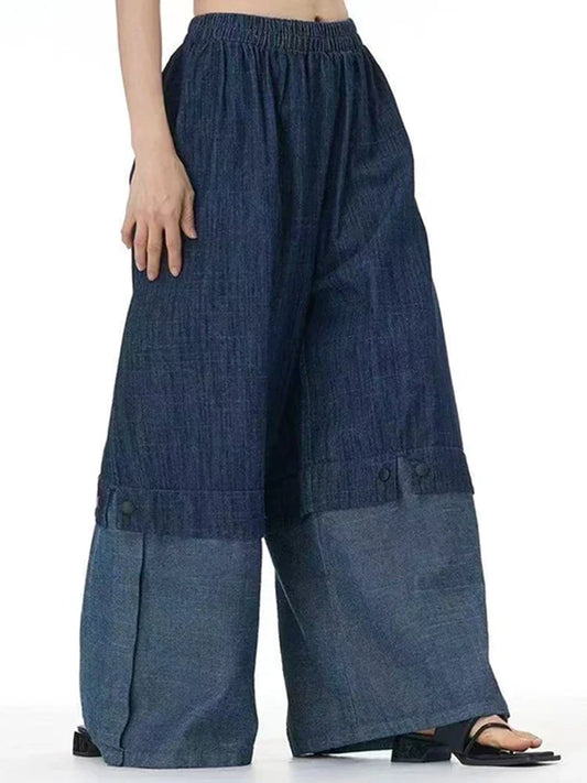 Cotton Denim Wide-Leg Pants with Elastic Waistband