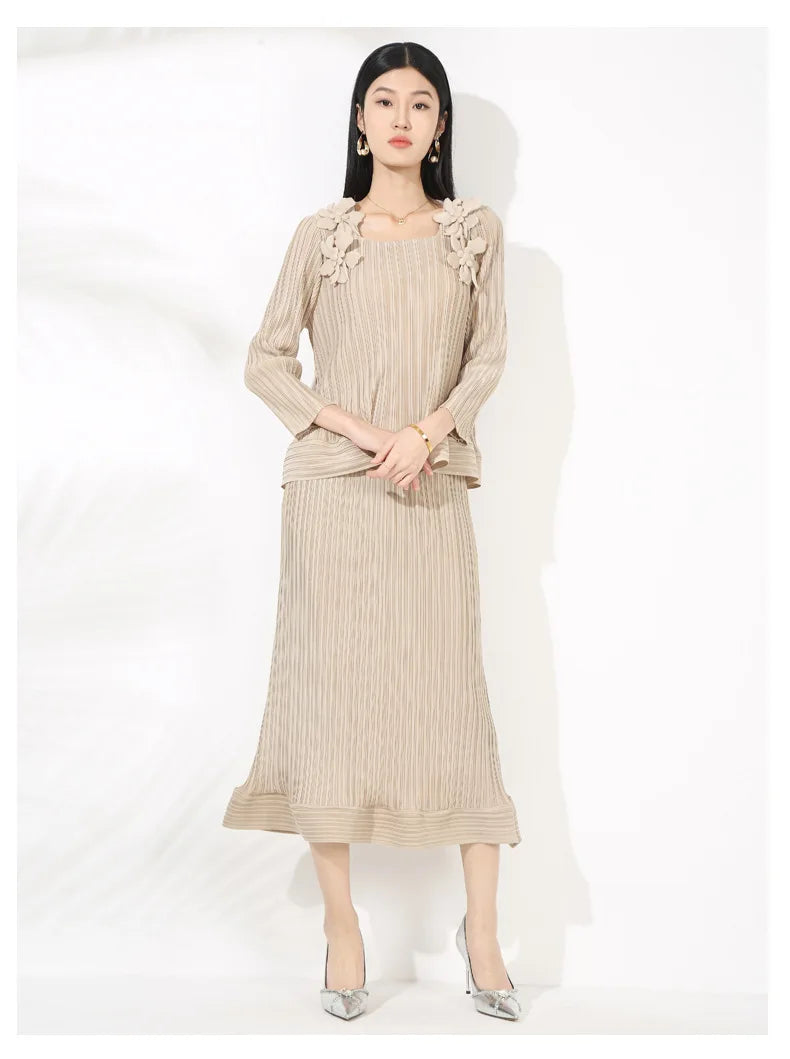 Elegant Ensemble with Pleated Top & Midi Skirt