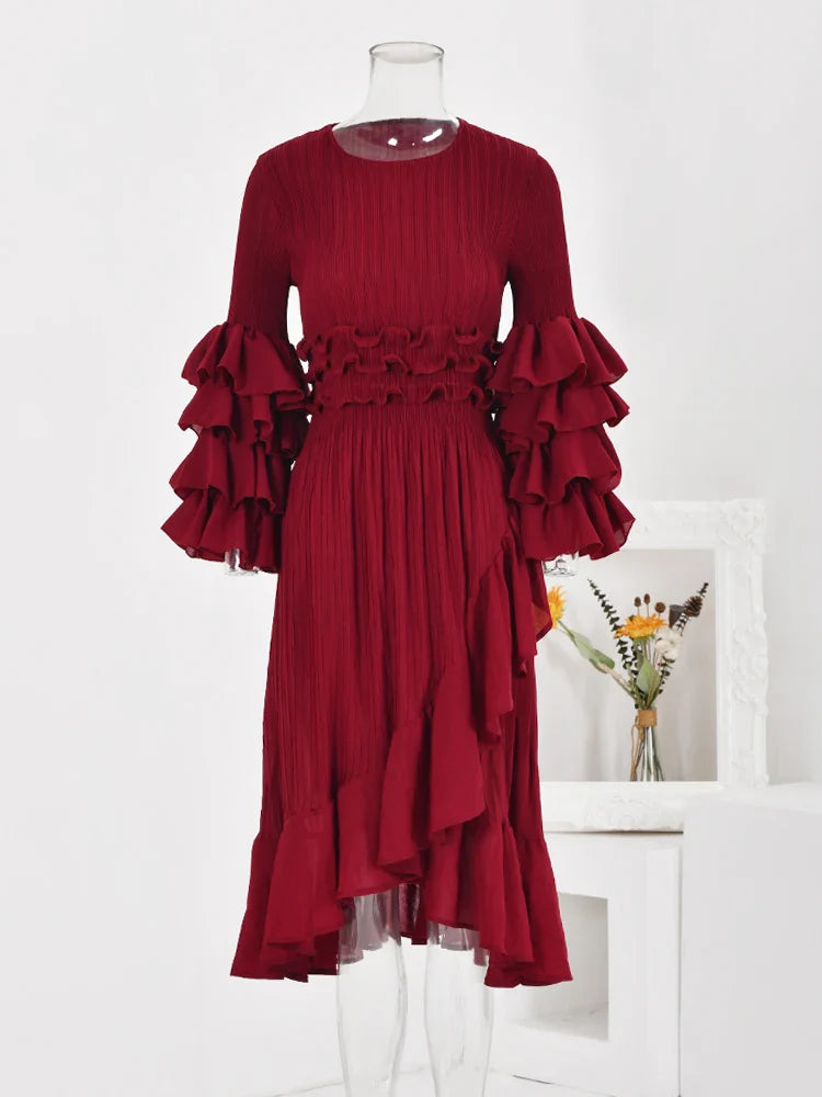 Women's Pleated Bodice Flutter Sleeve Pleat Midi Dress