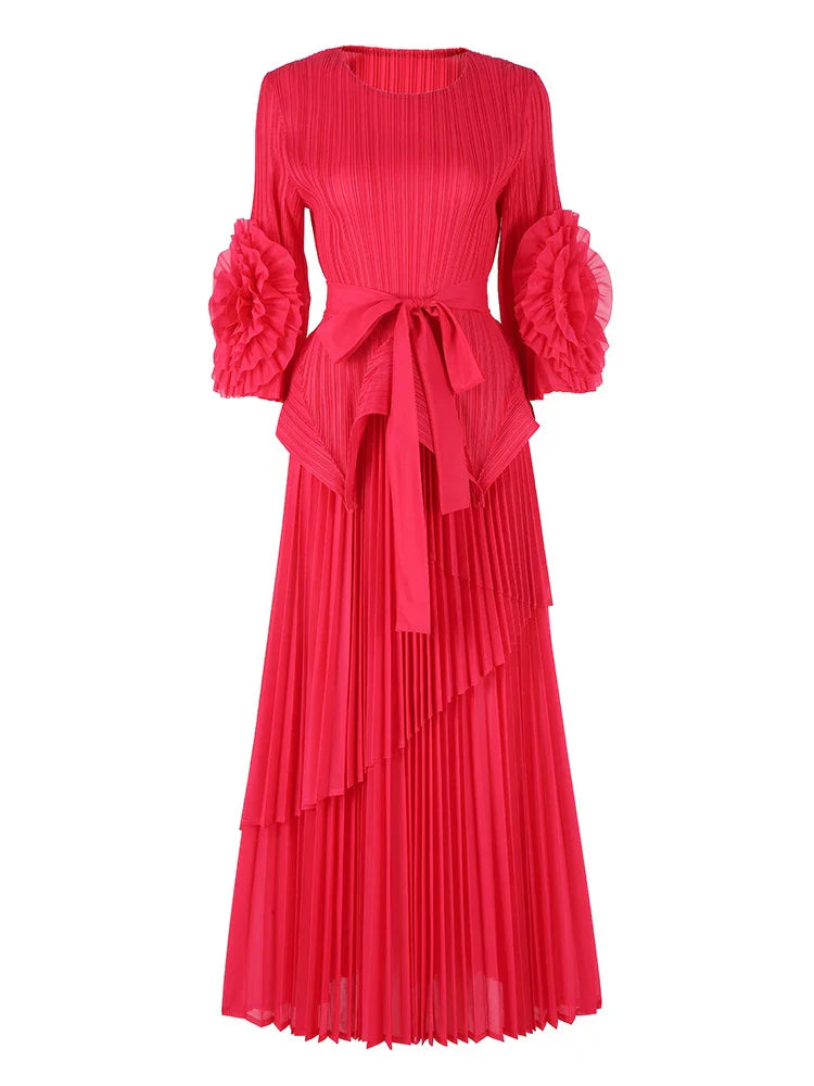 High-End Pleated Midi Skirt Set - Statement Sleeves