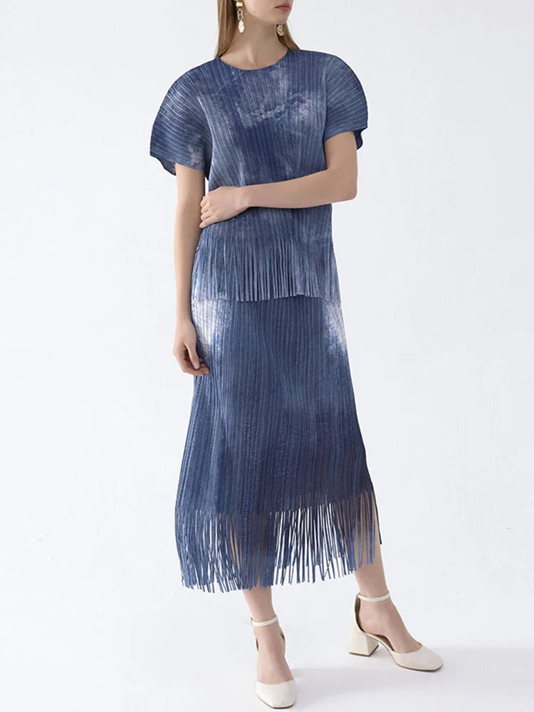 Luxury Pleated Fringe Pull-On Skirt & Top