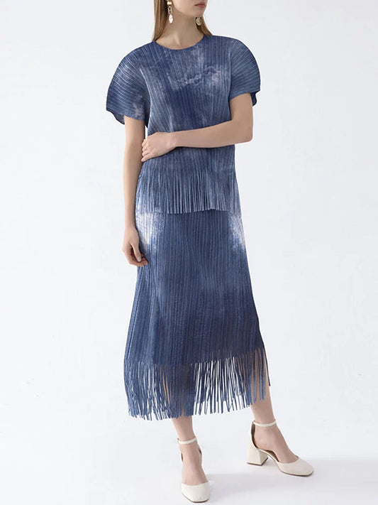 Luxury Pleated Fringe Pull-On Skirt & Top