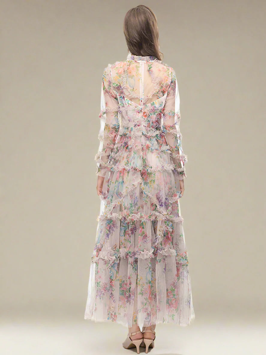 Elegant High Neck Ruffled Floral Midi Dress