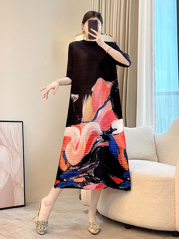 Japanese Floral Pleated Midi Dress