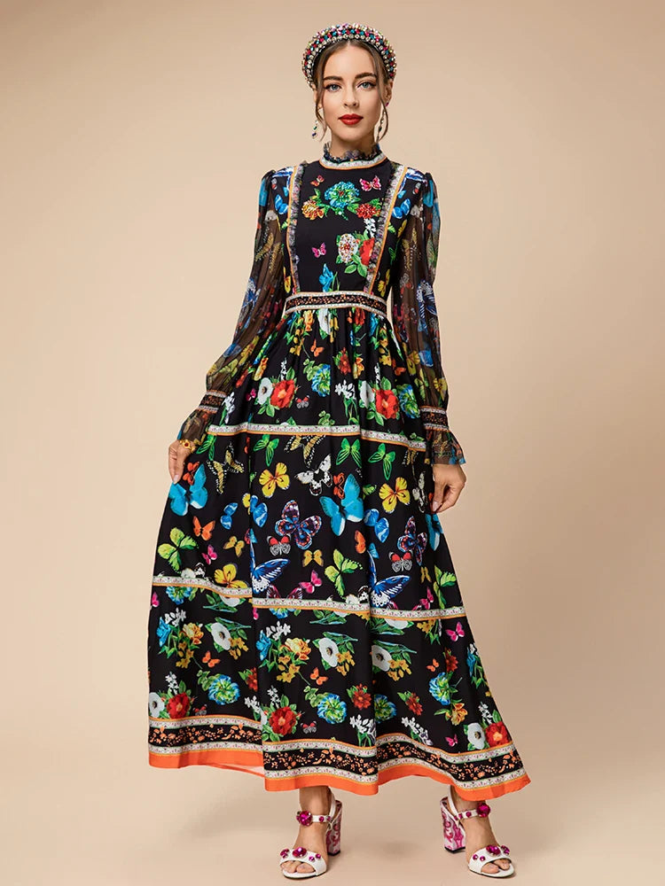 Boho Butterfly & Floral Midi Sheer Sleeves Dress