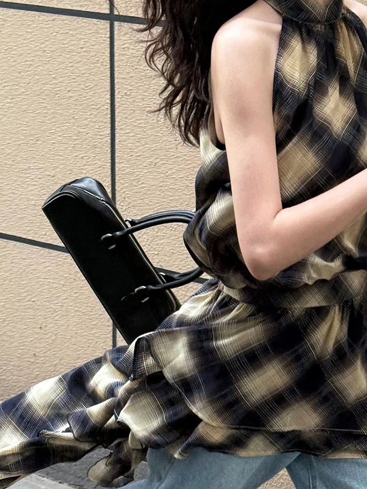 Plaid Asymmetric Halter High-Low Top