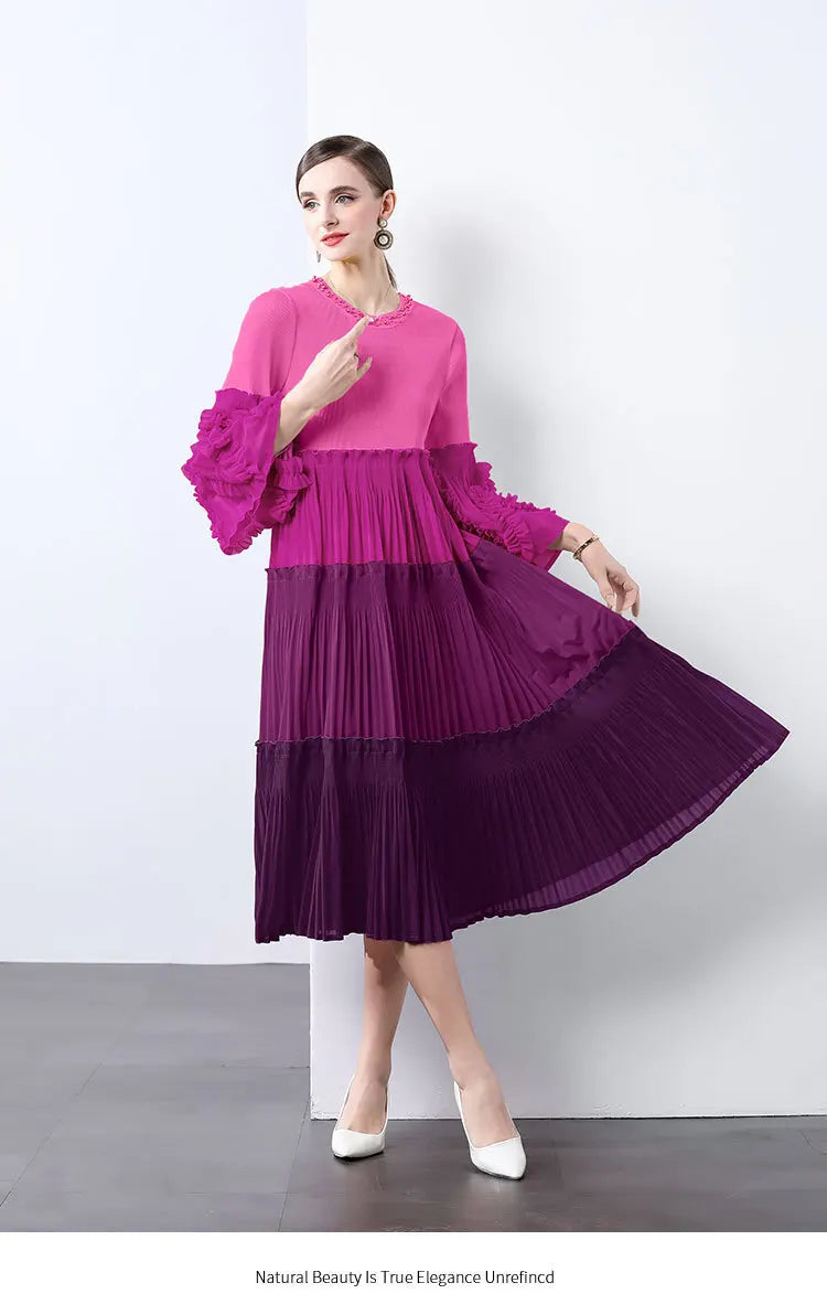 Ombre Pleated Dress - Ruffle Sleeve