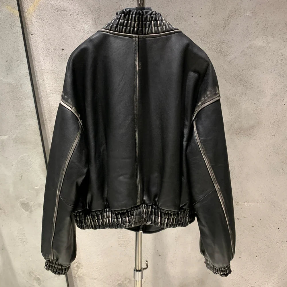 Luxe Vintage Black Shearling Leather Coat