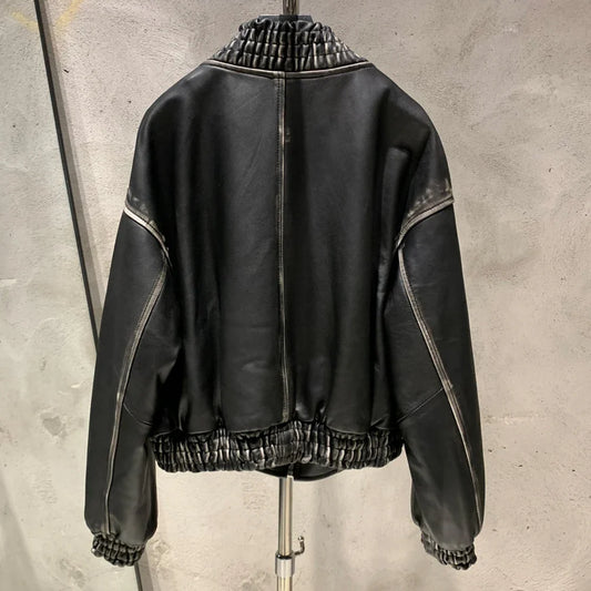 Luxe Vintage Black Shearling Leather Coat