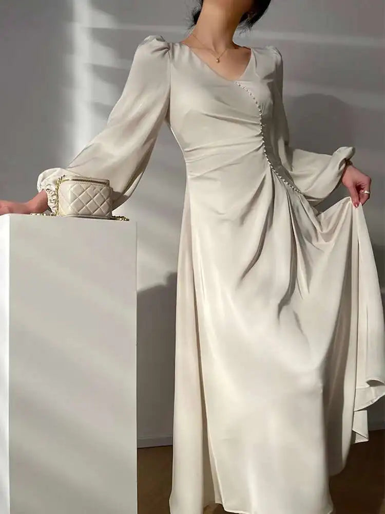 Cream Satin Midi Dress with Pearls