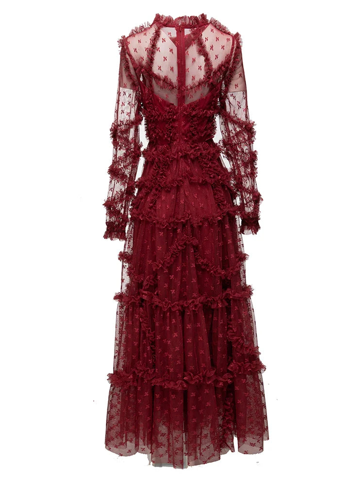 Wine Red Ruffle Mesh Midi Dress