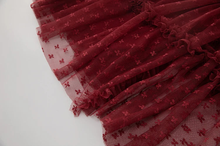Wine Red Ruffle Mesh Midi Dress