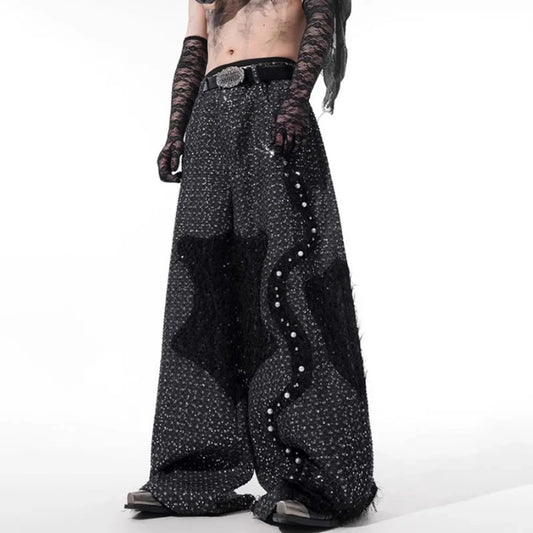 Men's Wool Blend Wide-Leg Beaded Trousers