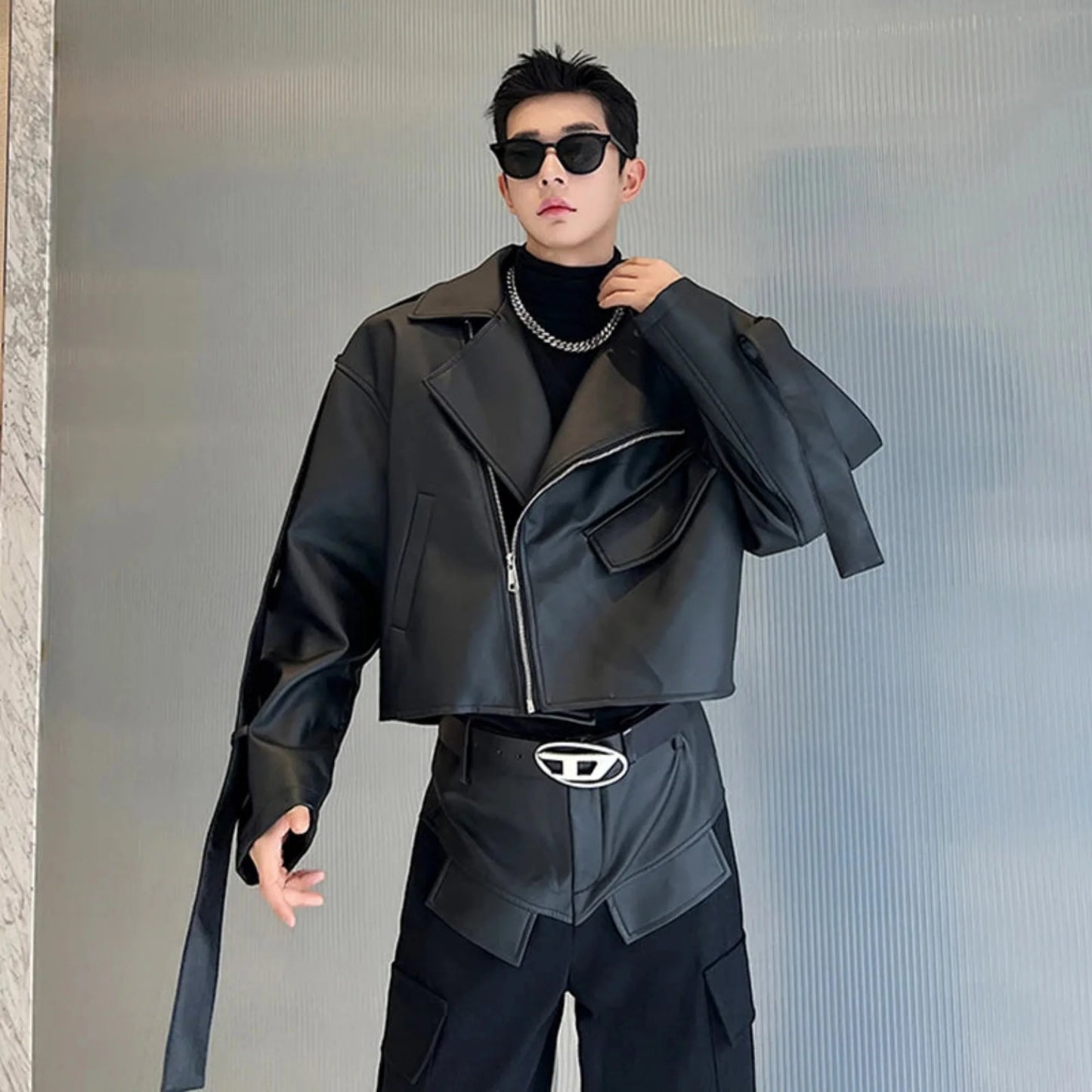 Men's Black Vegan Leather Streetwear Set