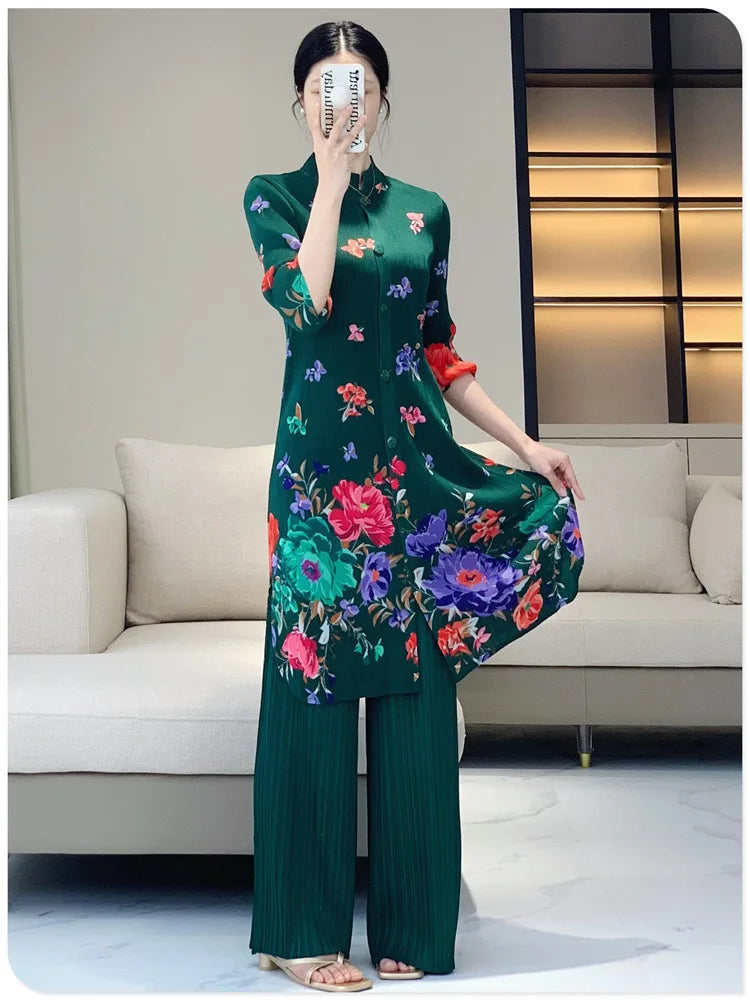 Floral Crepe de Chine Top & Pleated Trousers
