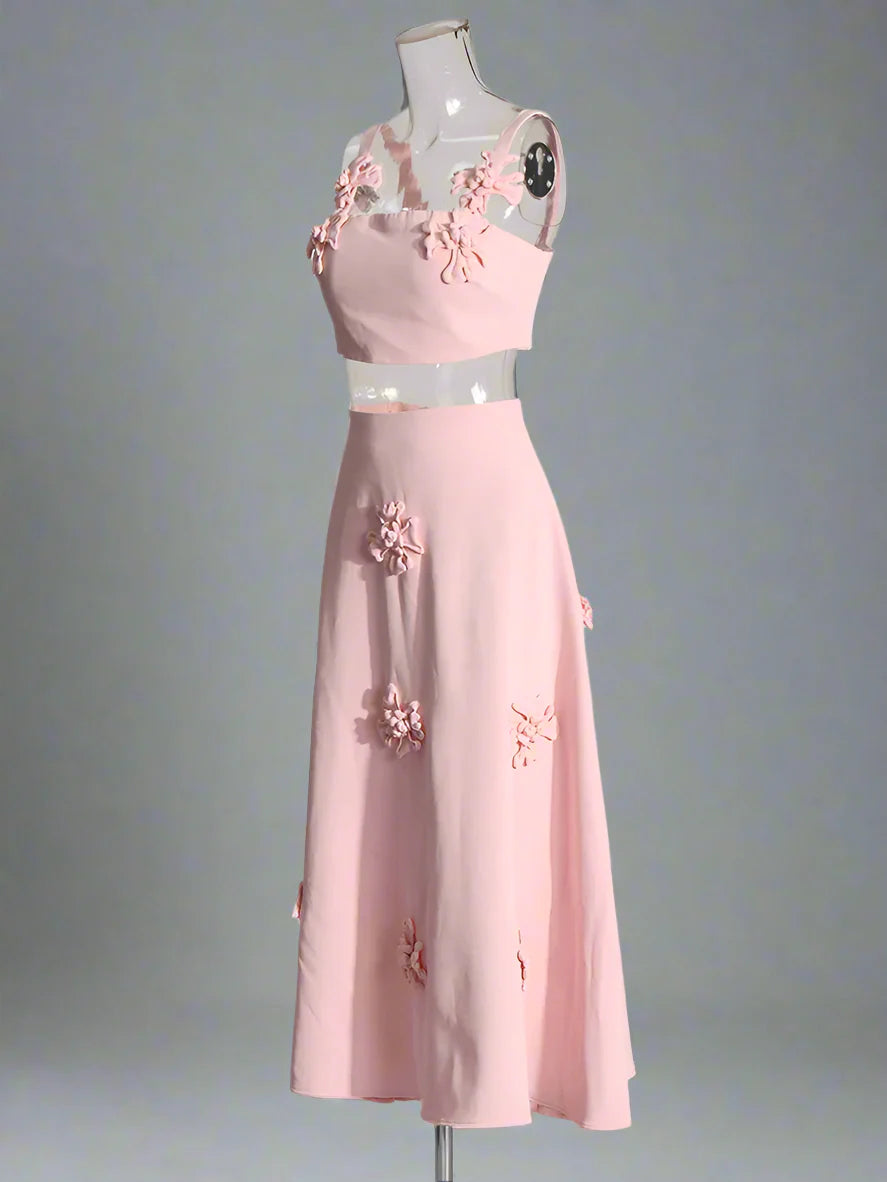 Luxury Pink Floral Crop Top & Skirt Set