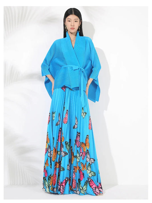 Women's Butterfly Pleated Modest Top & Flowy Skirt