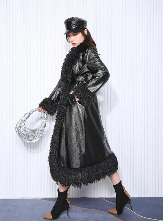 Couture Vegan Leather Trench with Shaggy Fur