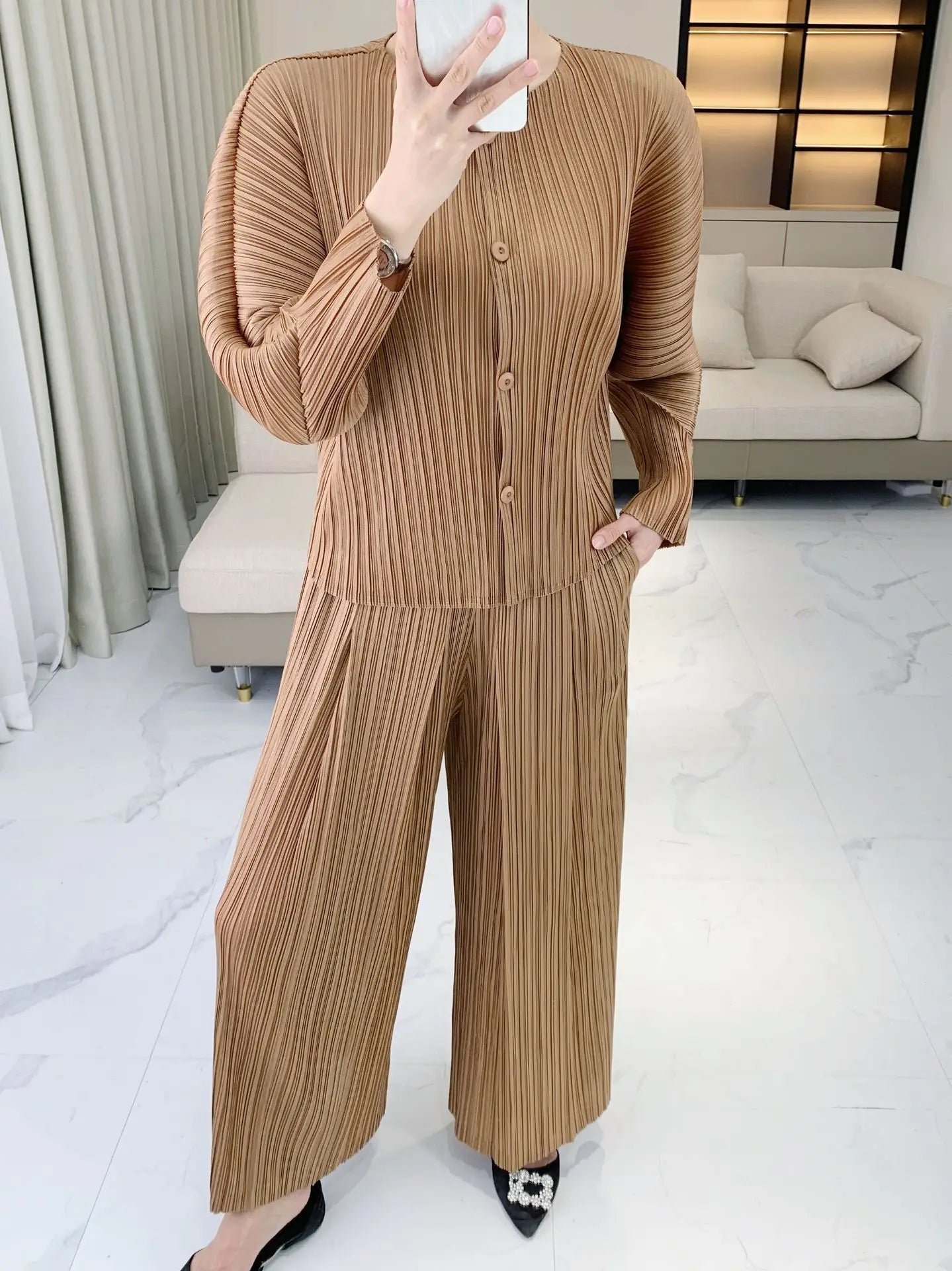 Luxury Pleated Pants & Button-Down Top Set