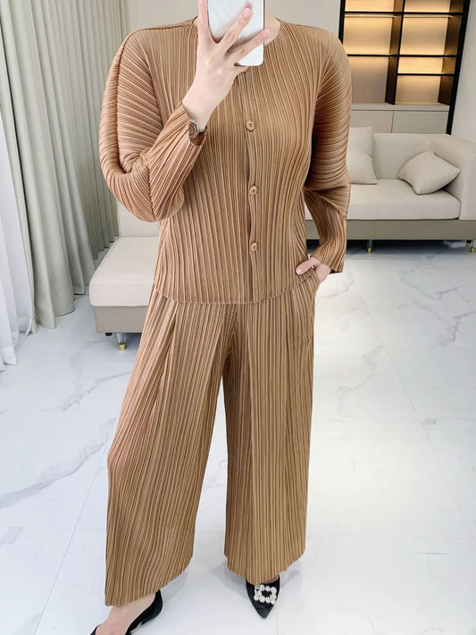Luxury Pleated Pants & Button-Down Top Set