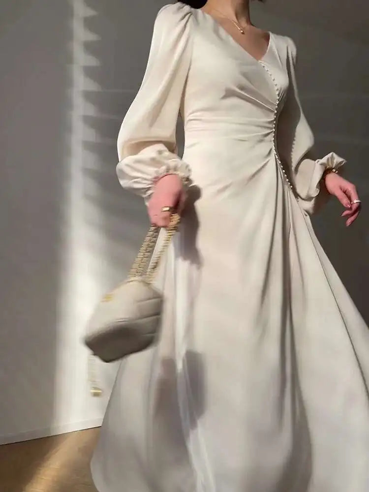 Cream Satin Midi Dress with Pearls