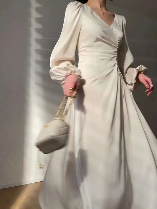 Cream Satin Midi Dress with Pearls