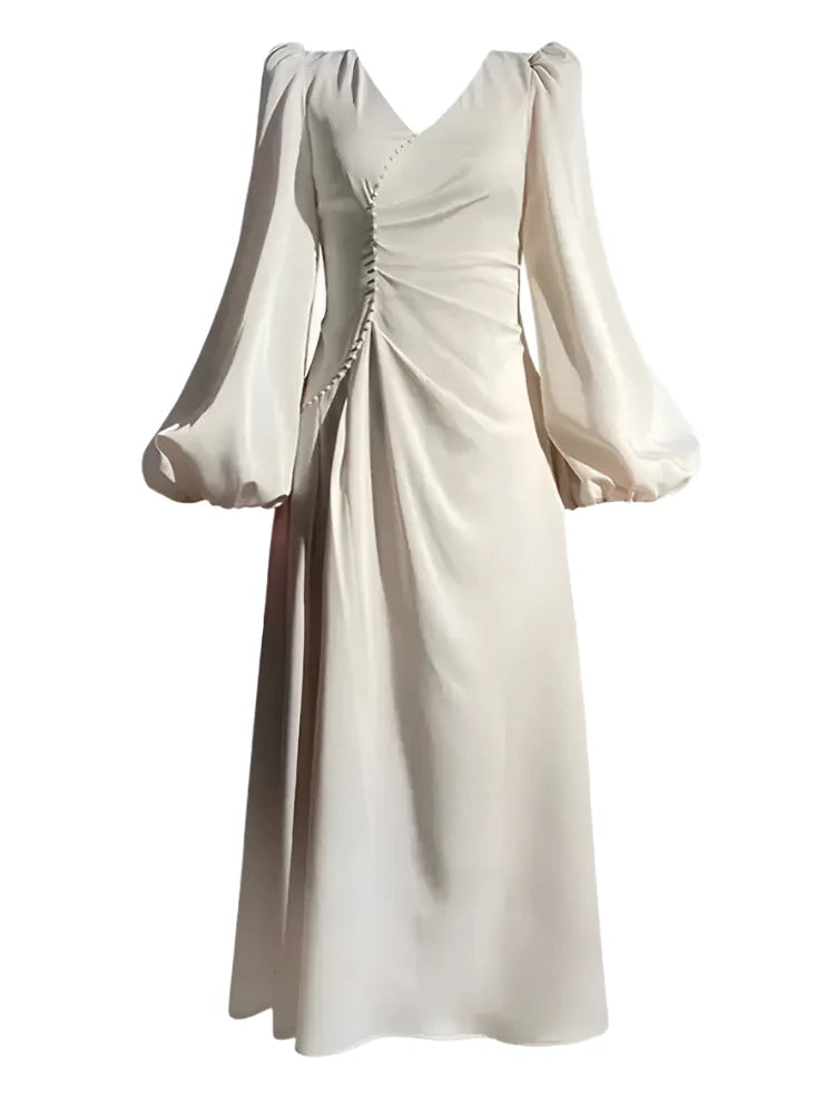 Cream Satin Midi Dress with Pearls