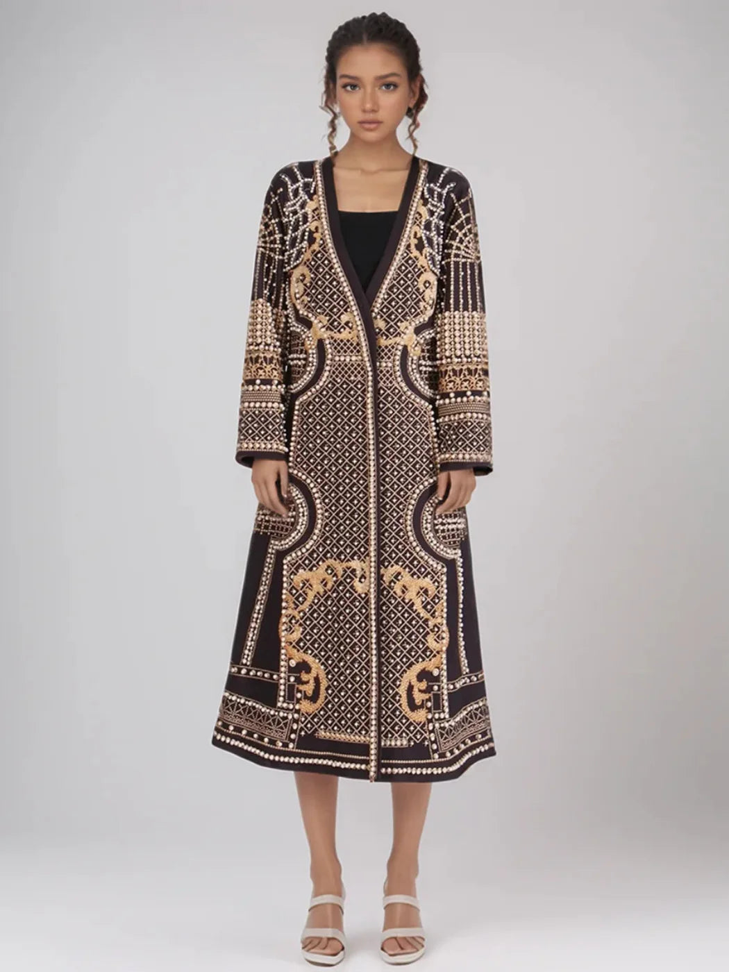 Hand-Embroidered Pearl Long Coat