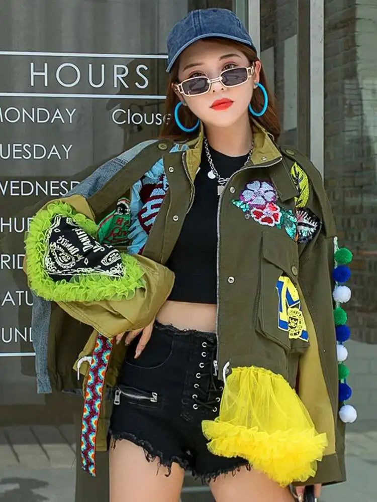 Luxe Patchwork Ruffled Bomber Jacket