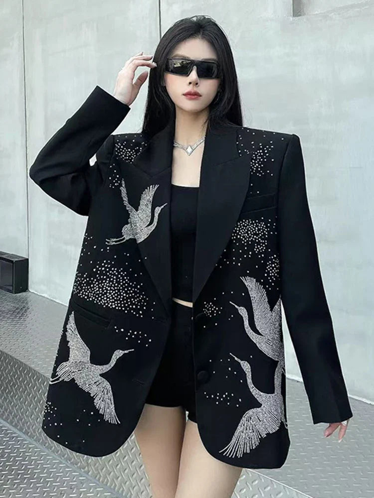 Oversized Blazer with Crane Rhinestones