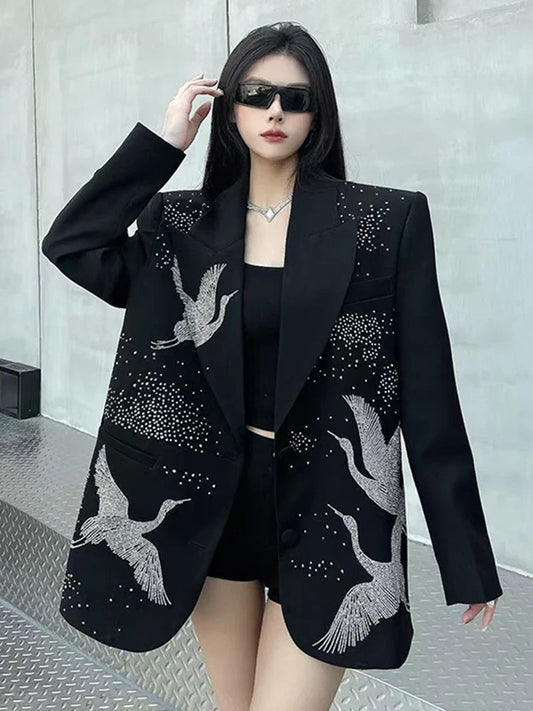 Oversized Blazer with Crane Rhinestones