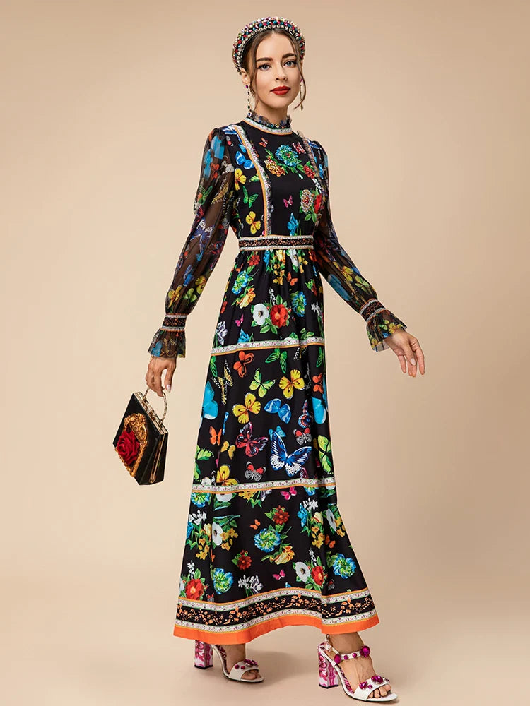 Boho Butterfly & Floral Midi Sheer Sleeves Dress