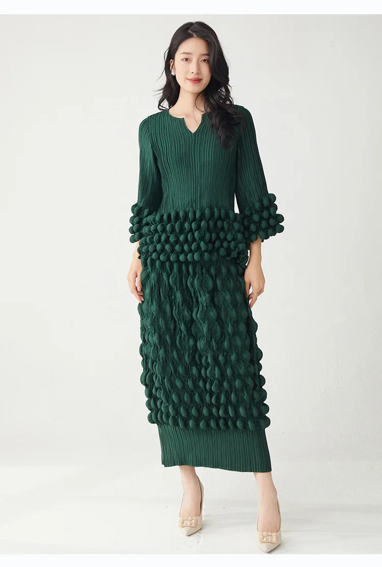 Couture Bubble Plisse Outfit - Midi Skirt & Top Set