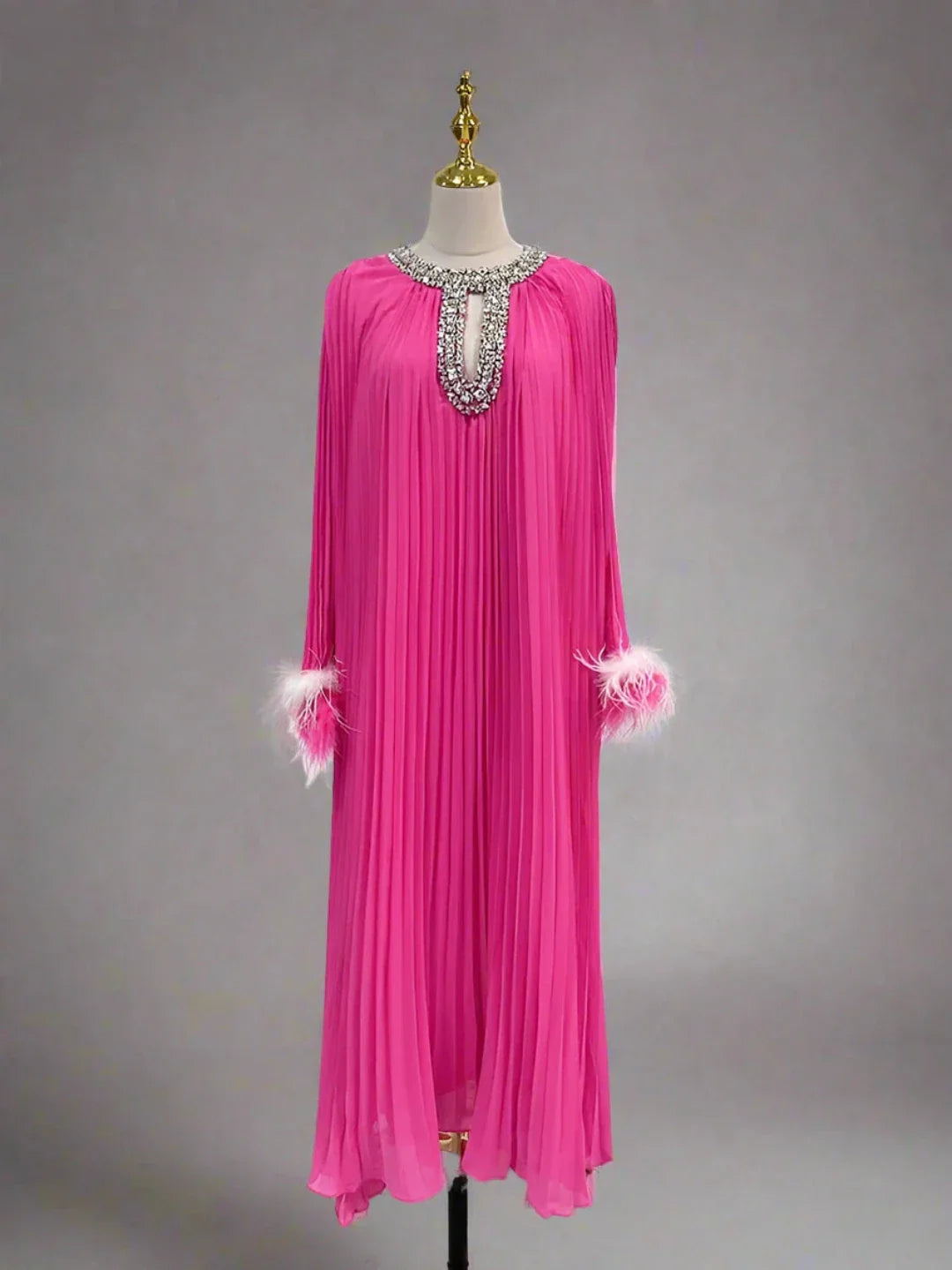 Women's Pleated Rhinestone Feather Midi Dress