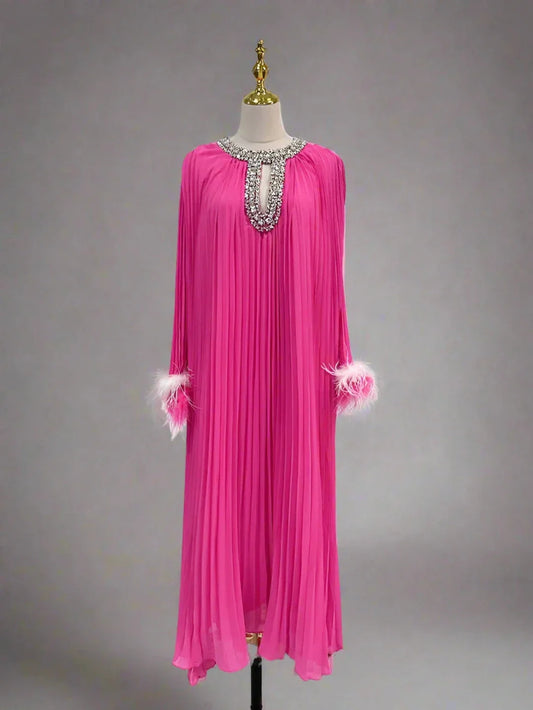 Women's Pleated Rhinestone Feather Midi Dress
