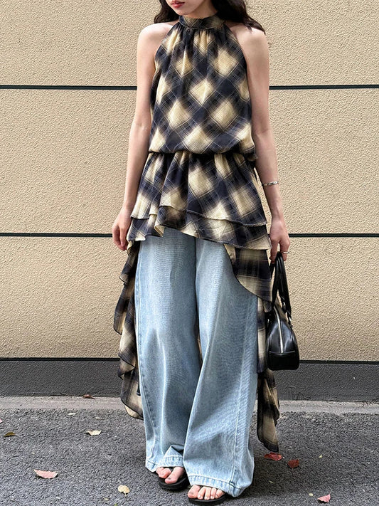 Plaid Asymmetric Halter High-Low Top
