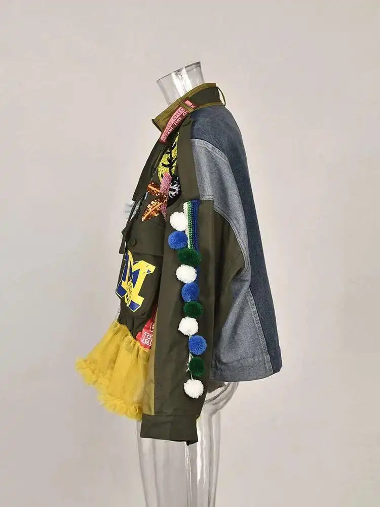 Luxe Patchwork Ruffled Bomber Jacket